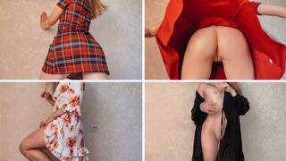 Világos Szőke szuka ruhapróba nélkül bugyi, kolosszális segggel csábít